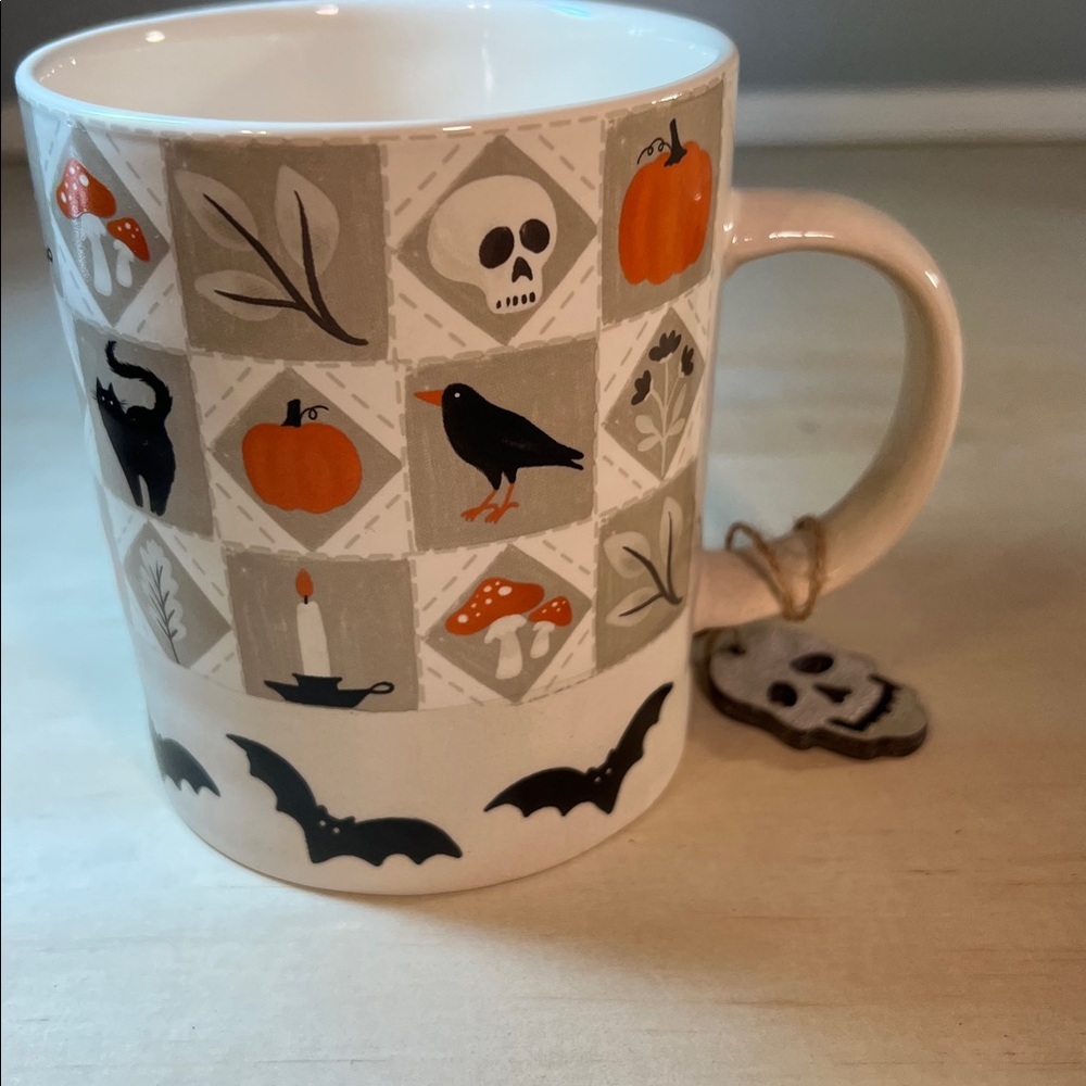 Halloween Themed Ceramic Mug with Skull Charm